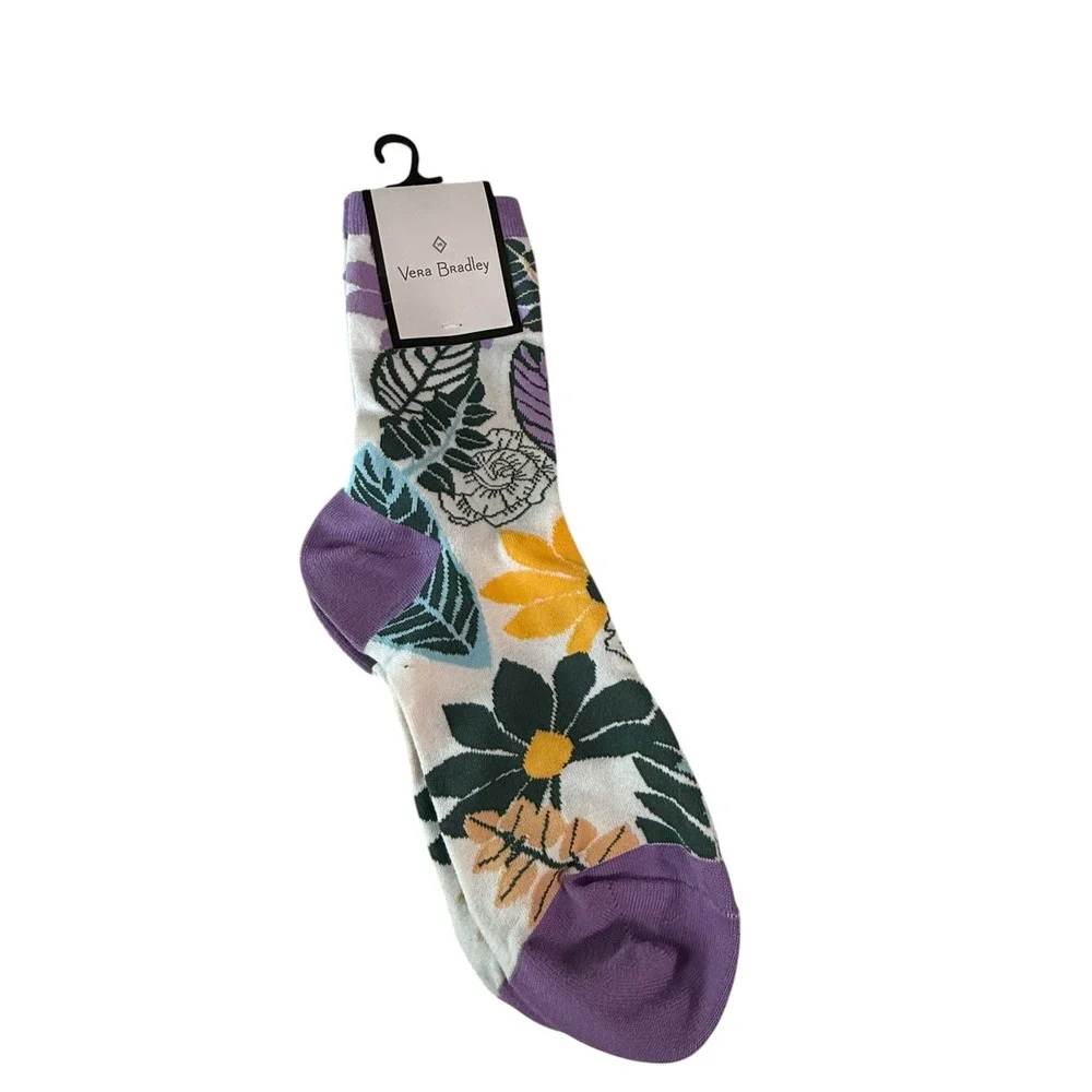Vera Bradley Palm Floral Crew Socks Purple Teal Yellow White New 28172-16565